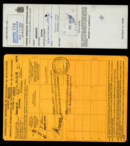 Certificat de vaccination de Meszaros, 1957. Musée canadien de l’immigration du Quai 21 (DI2013.1461.1)./ Carte d’identité de Meszaros, 1957. Musée canadien de l’immigration du Quai 21 (DI2013.1461.2).