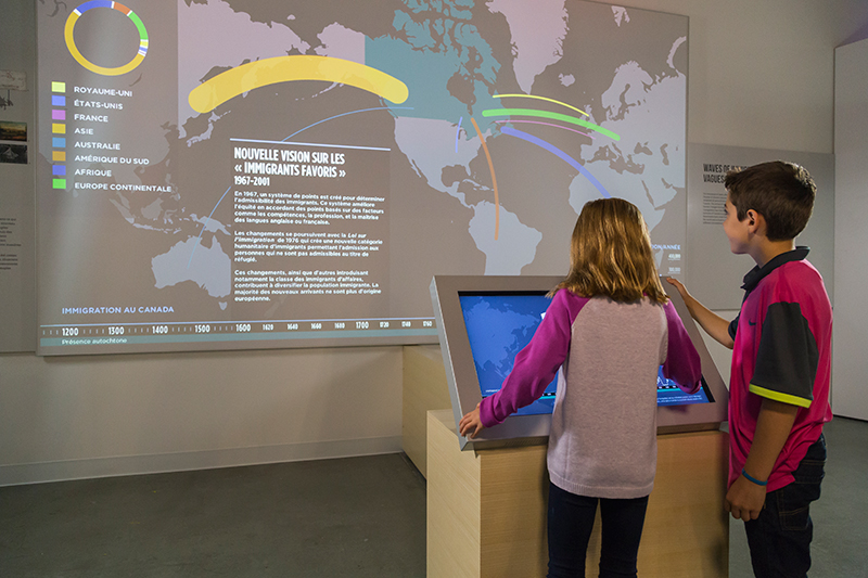 A young girl and boy are looking at a screen which shows changing immigration trends on a map.