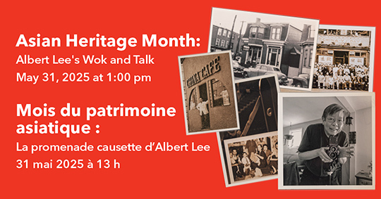 Renseignements sur l’événement à côté de photos en noir et blanc représentant Albert Lee et des groupes de personnes asiatiques.