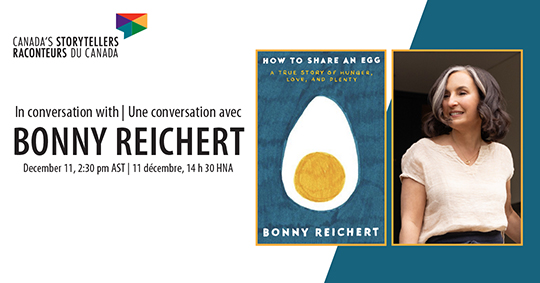 Informations sur l'événement à côté de la couverture du livre How to Share an Egg et photo de l'auteure, Bonny Reichert.