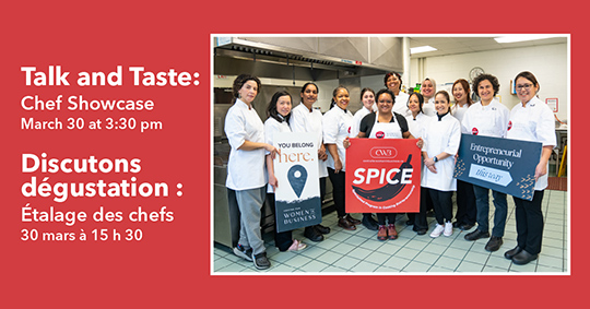 Renseignements sur l’événement à côté d’une photographie de plusieurs femmes de différentes races souriant dans des blousons de chef.