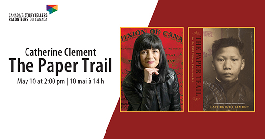 Renseignements sur l’événement à côté d’une photographie d’une femme chinoise portant un veston noir et une couverture de livre avec une image d’archives d’un garçon chinois.