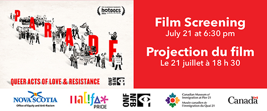 Renseignements sur l’événement à côté d’un affiche du film Parade : Queer Acts of Love & Resistance.