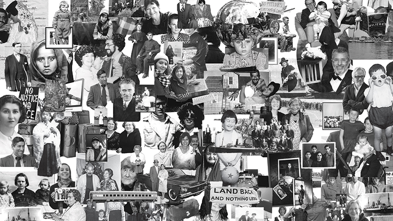 Collage de centaines de photos en noir et blanc.