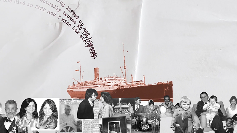 Image ressemblant à un morceau de papier ridé, avec un collage de personnes et de navires.