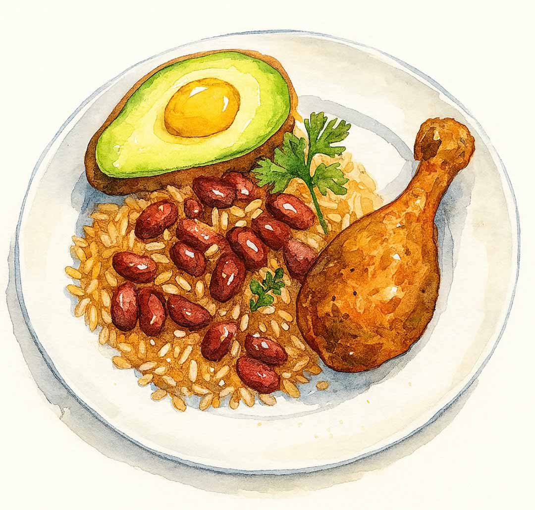 Peinture de riz et haricots avec cuisse de poulet et avocat dans une assiette blanche avec garniture de persil sur fond blanc.