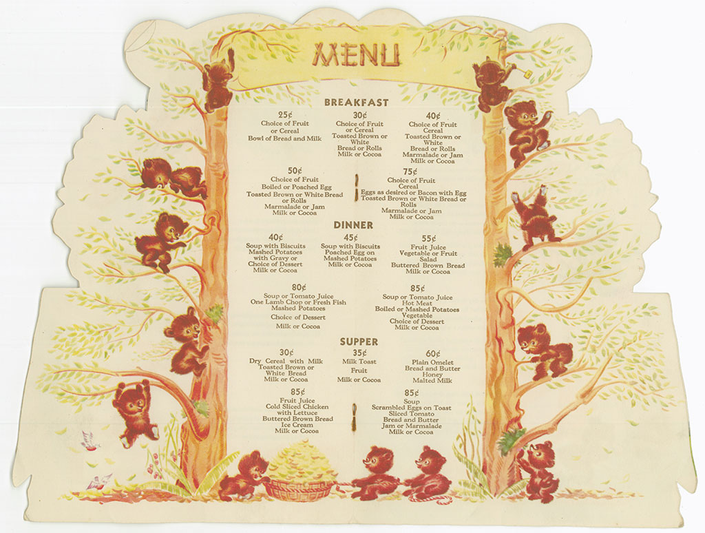 Menu à l'ancienne ouvert à la page du centrale. On y voit des éléments du menu et la liste est entourée d'illustrations d'ours grimpant des arbres.