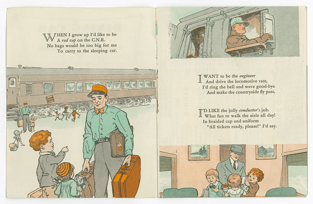 Livret se trouvant à l'intérieur d'un menu de train à l'ancienne. Il contient une histoire avec images au sujet d'un petit garçon voyageant par train.