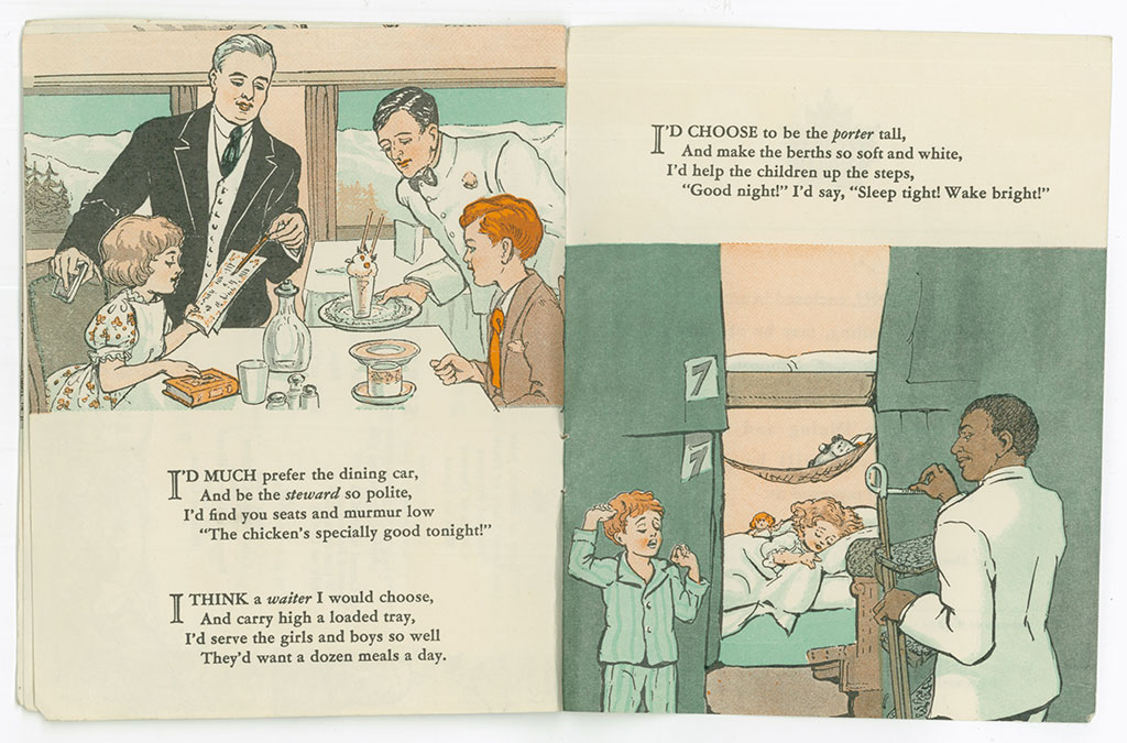 Livret se trouvant à l'intérieur d'un menu de train à l'ancienne. Il contient une histoire avec images au sujet d'un petit garçon voyageant par train.