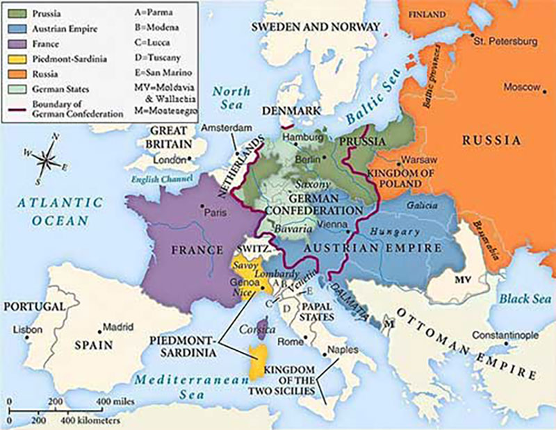 Une carte des frontières européennes mettant en évidence la Confédération allemande.