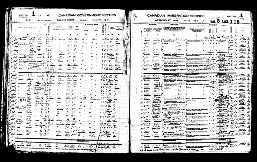Ancien manifeste énumérant les noms des premières familles arrivées au quai 21 en 1928.