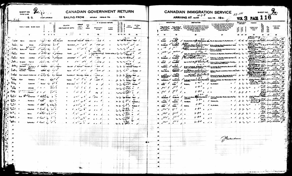 Ancien manifeste énumérant les noms des premières familles arrivées au quai 21 en 1928.