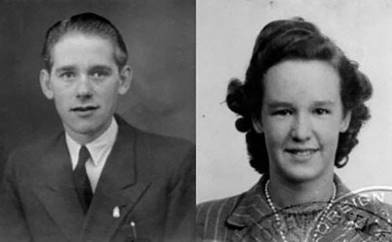 Deux photos en noir et blanc mises côte à côte. Elles montrent un jeune homme en costume et une jeune femme aux cheveux bouclés portant une robe et un collier.