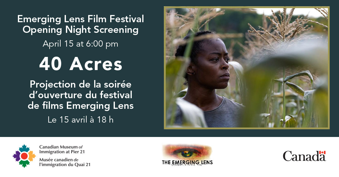 Renseignements sur l’événement à côté d’un film représentant une femme noire debout dans un champ de maïs.