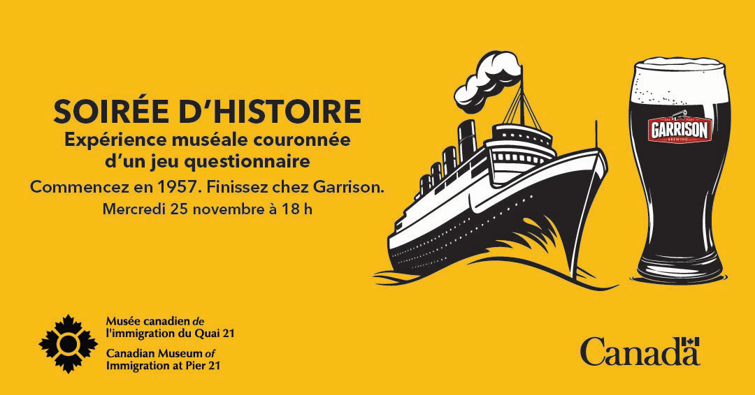 Informations sur l'événement sur fond jaune, à côté d'une illustration représentant un bateau et un verre.