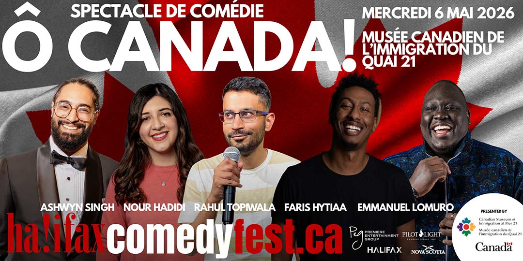 Renseignements sur l’événement et photos de six humoristes d’origines culturelles diverses.