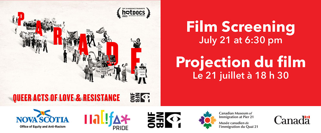 Renseignements sur l’événement à côté d’un affiche du film Parade : Queer Acts of Love & Resistance.