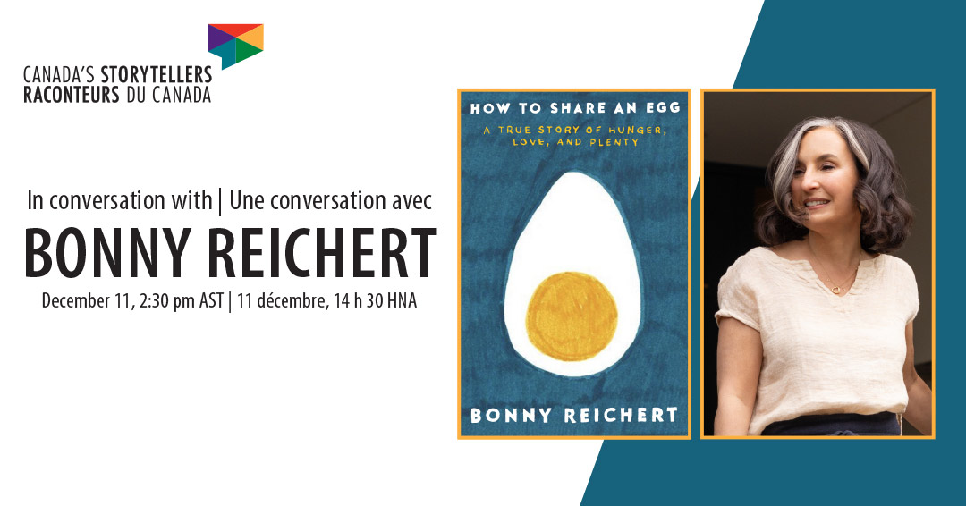 Informations sur l'événement à côté de la couverture du livre How to Share an Egg et photo de l'auteure, Bonny Reichert.