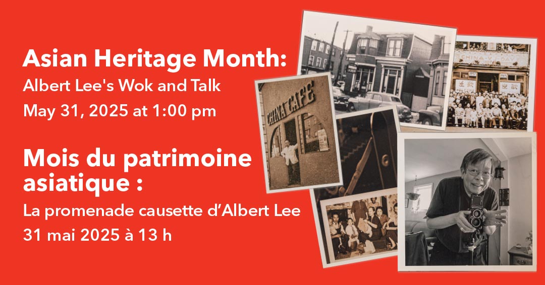 Renseignements sur l’événement à côté de photos en noir et blanc représentant Albert Lee et des groupes de personnes asiatiques.