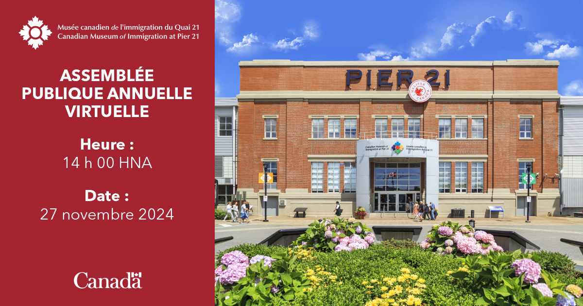 Informations sur l'événement à côté d'une photo du musée avec un ciel bleu vif et des fleurs devant.