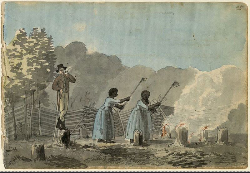 Une peinture représentant deux Noires utilisant des outils de jardinage tandis qu’un Blanc les surveille et fume.