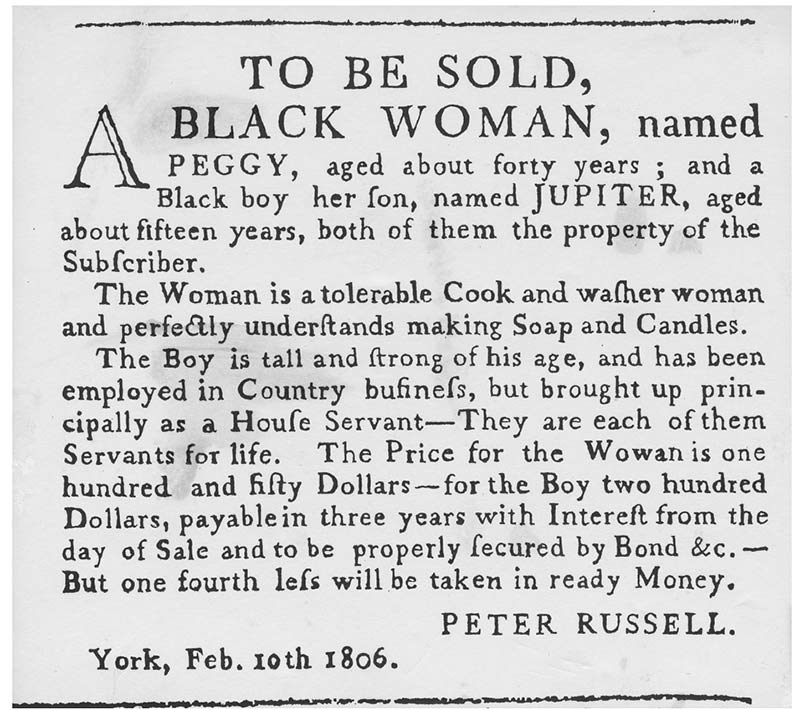 Une ancienne annonce dans un journal avec des caractères noirs décrivant une femme et un garçon à vendre.