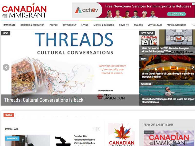 Page d'accueil de Canadian Immigrant.