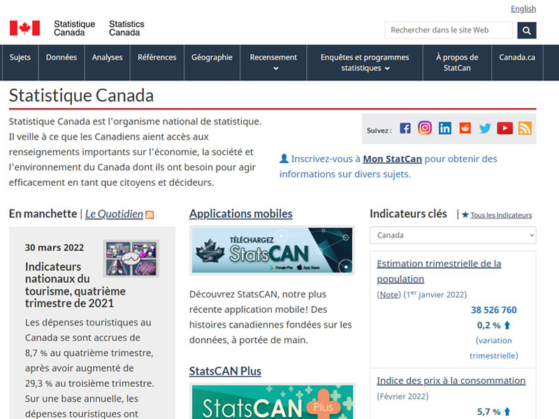 Statistique Canada Home Page.