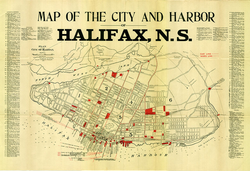 Vieille carte jaunie de Halifax et des eaux environnantes.