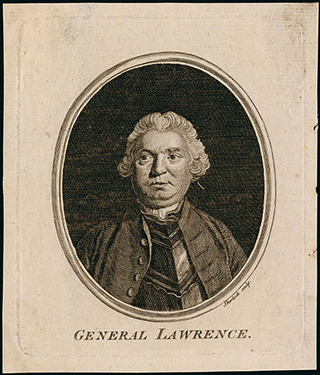 Rendu d’artiste du général Lawrence en perruque et robe du jour.