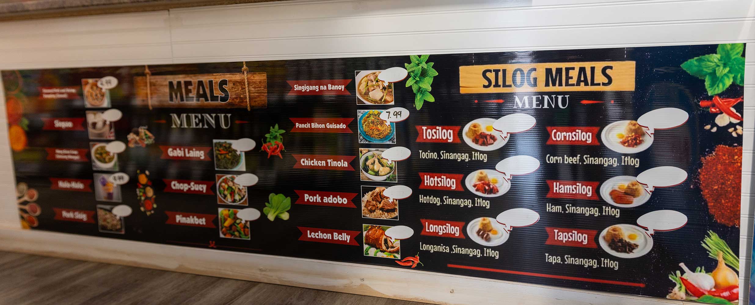 Un menu divisé en deux sections, intitulées Repas et Repas Silog, comprenant des descriptions et des images des aliments.