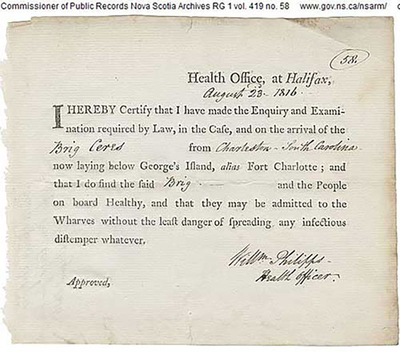 Vieux document du Bureau de la santé, daté du 23 août 1816.