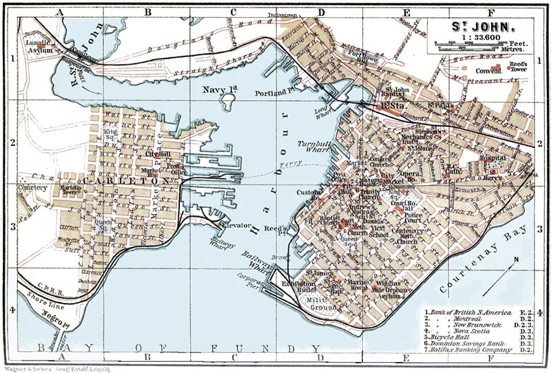 Carte datant de 1894 du port et de la ville de Saint John avoisinante.