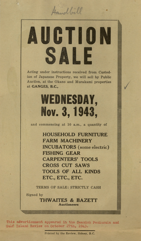 Reproduction d’un prospectus intitulé « Vente aux enchères », daté du mercredi 3 novembre 1943. Les articles mis aux enchères comprennent des meubles de maison, du matériel de pêche, des machines agricoles et des outils.