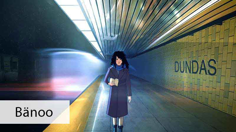 Dessin d’une femme portant un long manteau violet et tenant un livre, seule sur le quai du métro à la station Dundas de Toronto.  Un métro passe devant elle en trombe.