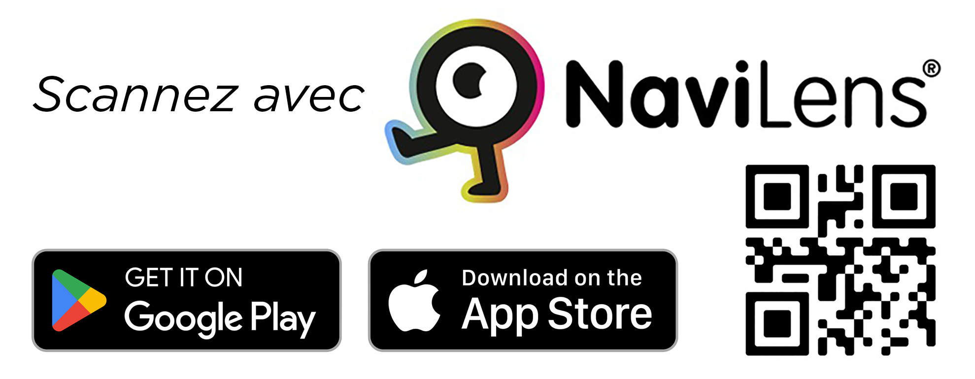 Logo NaviLens et code QR pour télécharger l'application via Google Play ou Apple App store.