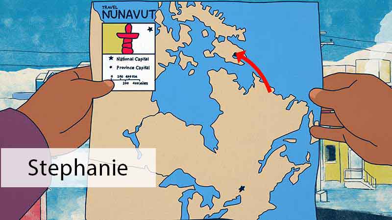 Un dessin de mains à la peau brune tenant une carte du Nunavut avec une flèche rouge pointant vers Iqaluit.