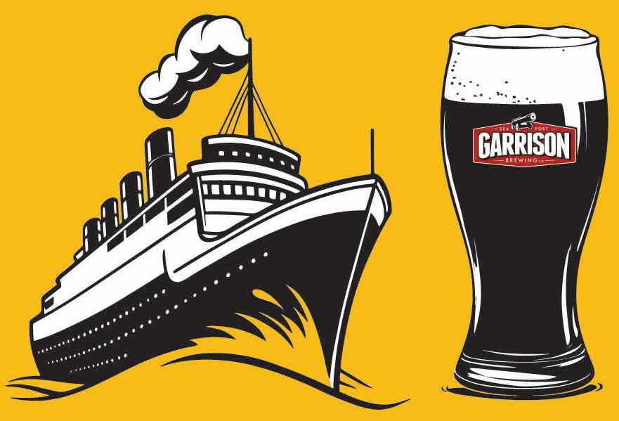 Illustration d’un navire à côté d’un grand verre de bière arborant le logo de la brasserie Garrison.