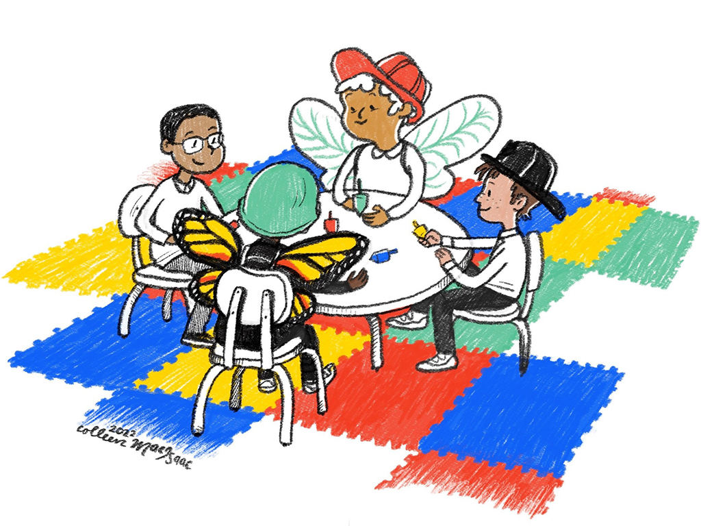 Un dessin de quatre garçons a une table. Ils portent des casques jouets et des ensembles d'ailes.