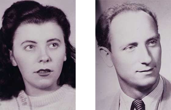 Portraits en noir et blanc d'une femme aux cheveux foncés et d'un homme portant une cravate