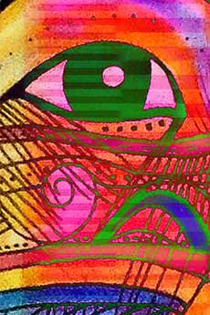 L'image multicolore d'un œil abstrait est une image fixe de l'installation d'art-video Petroglyph/Electroglyph.