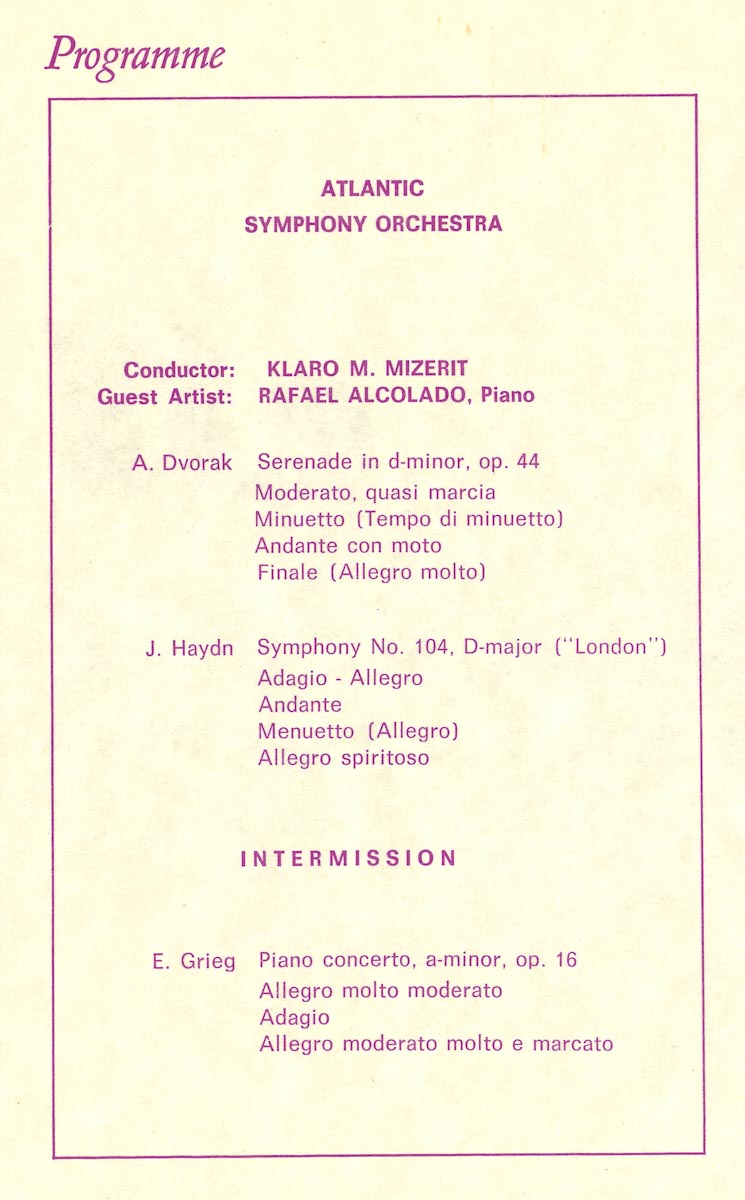 Détail du programme des débuts de Rafael avec l’orchestre symphonique de l’Atlantique, énumérant des pièces de Dvorak, Haydn et Grieg.