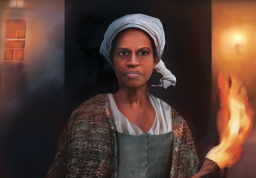 Peinture représentant une Noire vêtue d’une longue jupe et d’un châle, portant une torche dans la nuit.