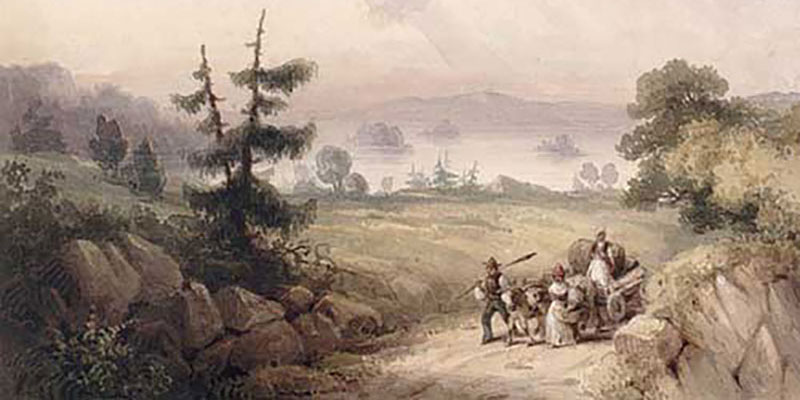 Magnifique dessin d’une famille avec un cheval et une charrette voyageant le long d’une route. Il y a des arbres et des roches en avant-plan.
