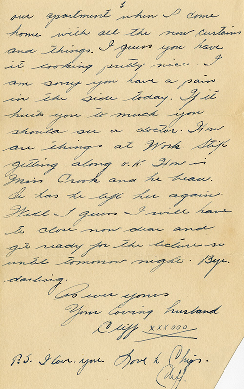 The last page of a yellowed hand-written letter, signed As ever yours, your loving husband Cliff