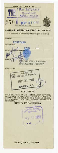 Carte d’identité canadienne de l’immigration de Rose Positano avec trois timbres et une signature.