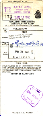 Carte d’identité de l’immigration canadienne de Bice Colaiacovo.