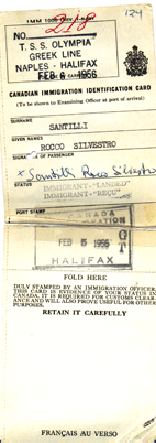 Carte d’identité de l’immigration canadienne de Rocco Santilli.  