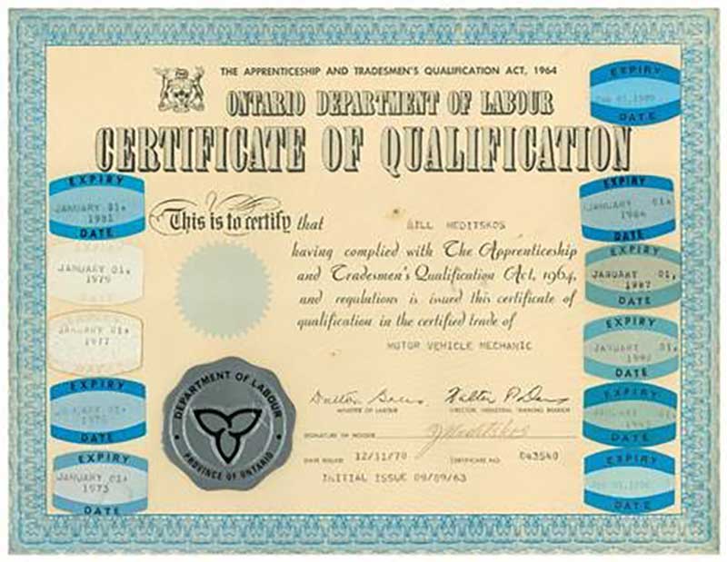 Un ancien certificat de qualification du ministère du Travail de l’Ontario.