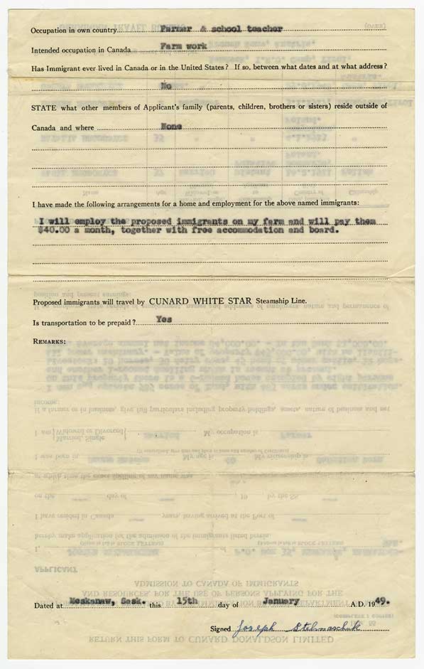 La deuxième page de l’ancien formulaire d’admission au Canada pour les immigrants. On peut y voir une signature dans le bas.